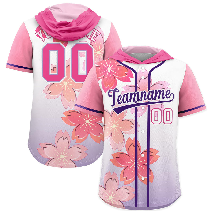 Custom Pink Purple Cherry Blossoms Raglan Sleeves Breathable Baseball Hooded Jersey | BuyFootballJersey