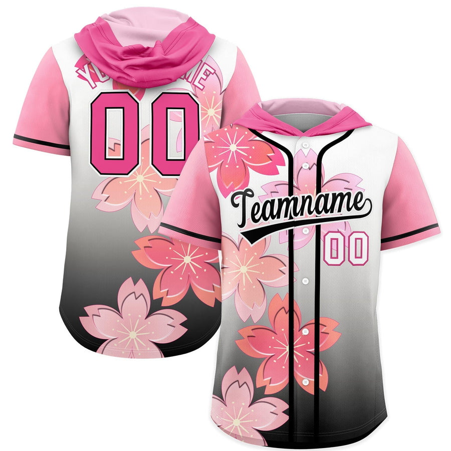 Custom Pink Black Cherry Blossoms Raglan Sleeves Lightweight Baseball Hooded Jersey | BuyFootballJersey