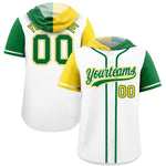 Custom White Gold and Kelly Green Split Fashion Raglan Sleeves Baseball Hoodie Jersey | BuyFootballJersey