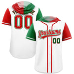 Custom White Kelly Green and Red Split Fashion Raglan Sleeves Baseball Hoodie Jersey | BuyFootballJersey
