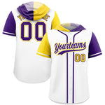 Custom White Gold and Purple Split Fashion Raglan Sleeves Baseball Hoodie Jersey | BuyFootballJersey