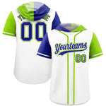 Custom White Royal and Neon Green Split Fashion Raglan Sleeves Baseball Hoodie Jersey | BuyFootballJersey
