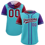 Custom Sky Blue Crimson and Purple Split Fashion Raglan Sleeves Baseball Hoodie Jersey | BuyFootballJersey