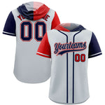 Custom Silver Red and Navy Split Fashion Raglan Sleeves Baseball Hoodie Jersey | BuyFootballJersey