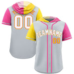Custom Silver Gold and Pink Split Fashion Raglan Sleeves Baseball Hoodie Jersey | BuyFootballJersey