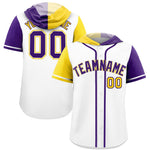 Custom White Gold and Purple Split Fashion Raglan Sleeves Baseball Hoodie Jersey | BuyFootballJersey
