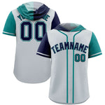 Custom Silver Navy and Aqua Split Fashion Raglan Sleeves Baseball Hoodie Jersey | BuyFootballJersey