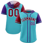 Custom Sky Blue Crimson and Purple Split Fashion Raglan Sleeves Baseball Hoodie Jersey | BuyFootballJersey