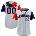 Custom Silver Red and Navy Split Fashion Raglan Sleeves Baseball Hoodie Jersey | BuyFootballJersey