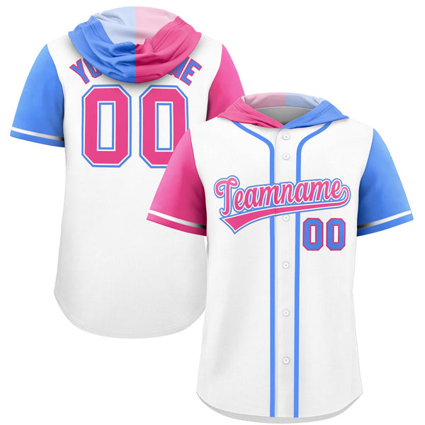 Custom White Pink and Powder Blue Split Fashion Raglan Sleeves Baseball Hoodie Jersey | BuyFootballJersey