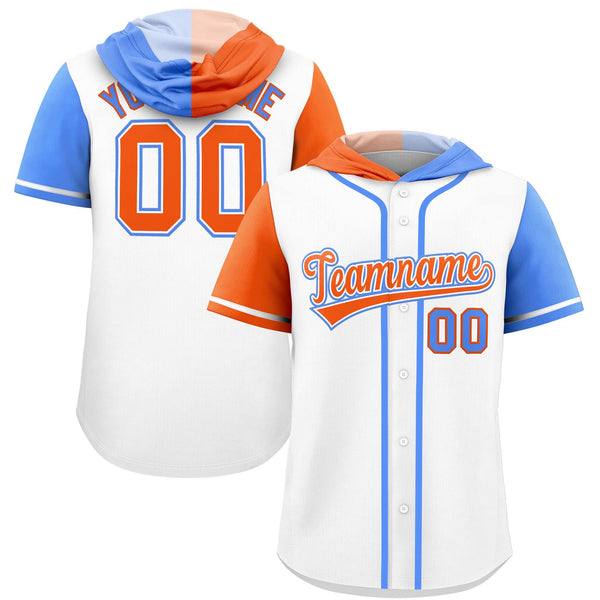 Custom White Orange and Powder Blue Split Fashion Raglan Sleeves Baseball Hoodie Jersey | BuyFootballJersey