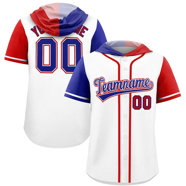 Custom White Royal and Red Split Fashion Raglan Sleeves Baseball Hoodie Jersey | BuyFootballJersey
