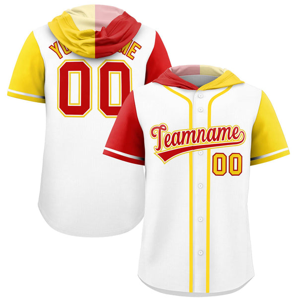 Custom White Red and Gold Split Fashion Raglan Sleeves Baseball Hoodie Jersey | BuyFootballJersey