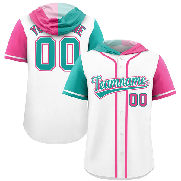 Custom White Aqua and Pink Split Fashion Raglan Sleeves Baseball Hoodie Jersey | BuyFootballJersey
