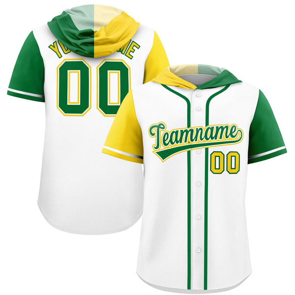 Custom White Gold and Kelly Green Split Fashion Raglan Sleeves Baseball Hoodie Jersey | BuyFootballJersey