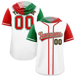 Custom White Kelly Green and Red Split Fashion Raglan Sleeves Baseball Hoodie Jersey | BuyFootballJersey