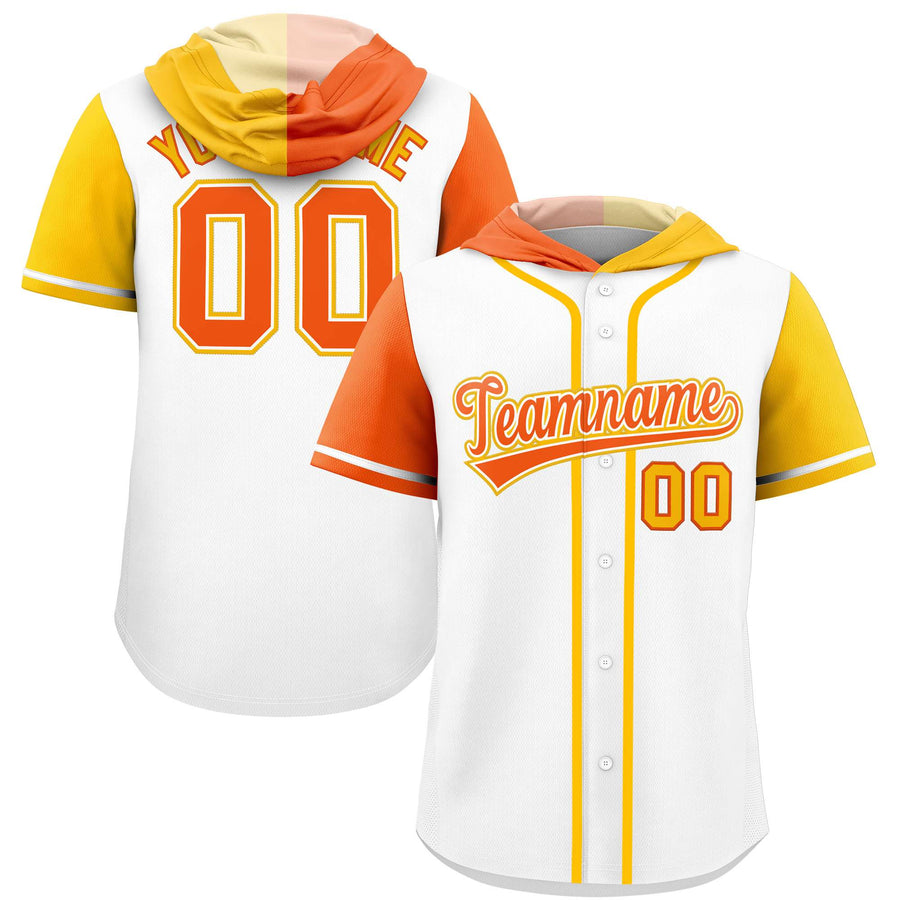 Custom White Orange and Gold Split Fashion Raglan Sleeves Baseball Hoodie Jersey | BuyFootballJersey