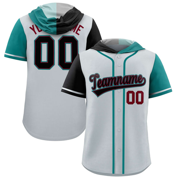 Custom Silver Black and Aqua Split Fashion Raglan Sleeves Baseball Hoodie Jersey | BuyFootballJersey