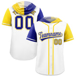 Custom White Royal and Gold Split Fashion Raglan Sleeves Baseball Hoodie Jersey | BuyFootballJersey