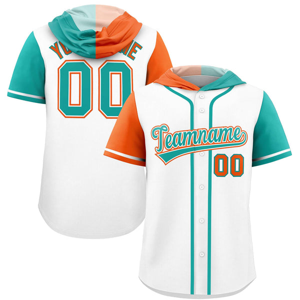 Custom White Orange and Aqua Split Fashion Raglan Sleeves Baseball Hoodie Jersey | BuyFootballJersey