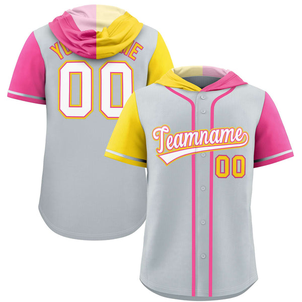 Custom Silver Gold and Pink Split Fashion Raglan Sleeves Baseball Hoodie Jersey | BuyFootballJersey