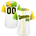 Custom White Neon Green and Gold Split Fashion Raglan Sleeves Baseball Hoodie Jersey | BuyFootballJersey