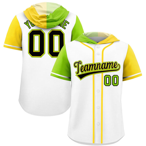 Custom White Neon Green and Gold Split Fashion Raglan Sleeves Baseball Hoodie Jersey | BuyFootballJersey