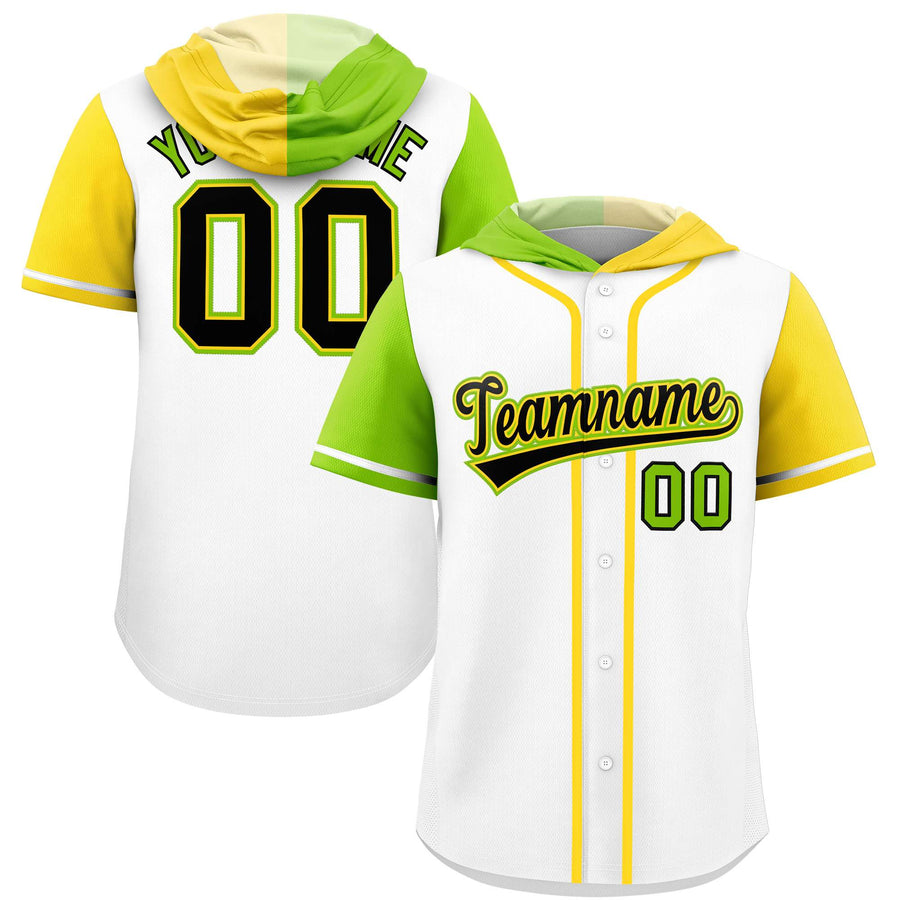 Custom White Neon Green and Gold Split Fashion Raglan Sleeves Baseball Hoodie Jersey | BuyFootballJersey