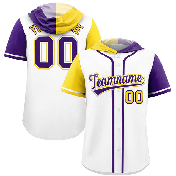 Custom White Gold and Purple Split Fashion Raglan Sleeves Baseball Hoodie Jersey | BuyFootballJersey