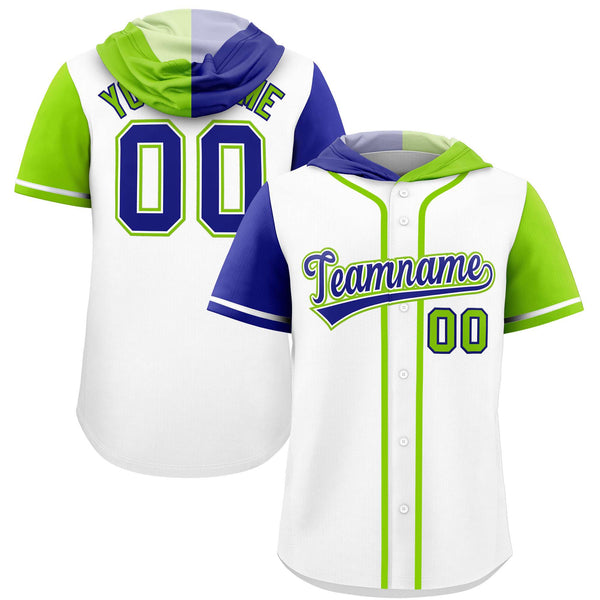 Custom White Royal and Neon Green Split Fashion Raglan Sleeves Baseball Hoodie Jersey | BuyFootballJersey
