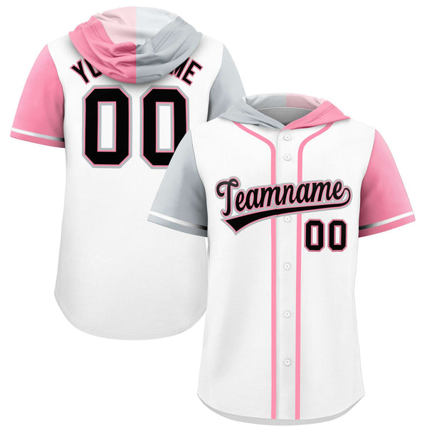 Custom White Silver and Light Pink Split Fashion Raglan Sleeves Baseball Hoodie Jersey | BuyFootballJersey
