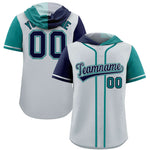 Custom Silver Navy and Aqua Split Fashion Raglan Sleeves Baseball Hoodie Jersey | BuyFootballJersey