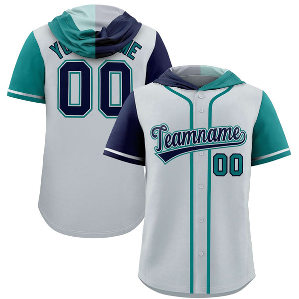 Custom Silver Navy and Aqua Split Fashion Raglan Sleeves Baseball Hoodie Jersey | BuyFootballJersey