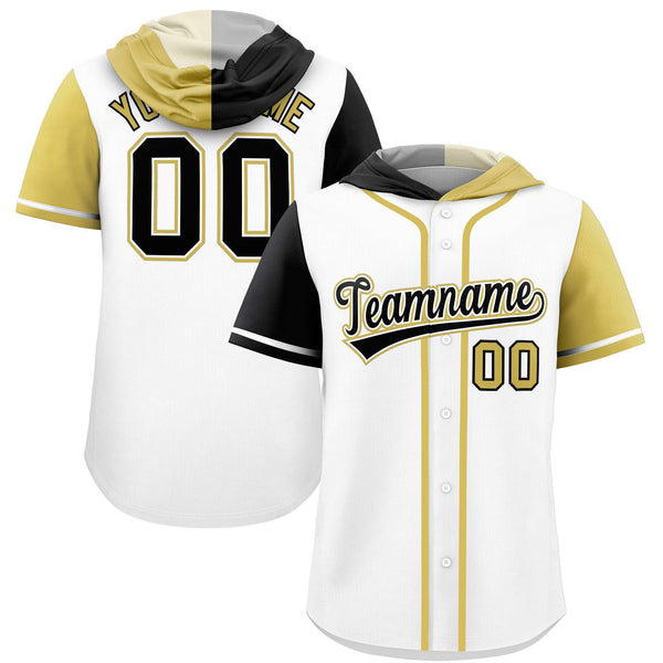 Custom White Black and Old Gold Split Fashion Raglan Sleeves Baseball Hoodie Jersey | BuyFootballJersey