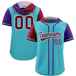 Custom Sky Blue Crimson and Purple Split Fashion Raglan Sleeves Baseball Hoodie Jersey | BuyFootballJersey