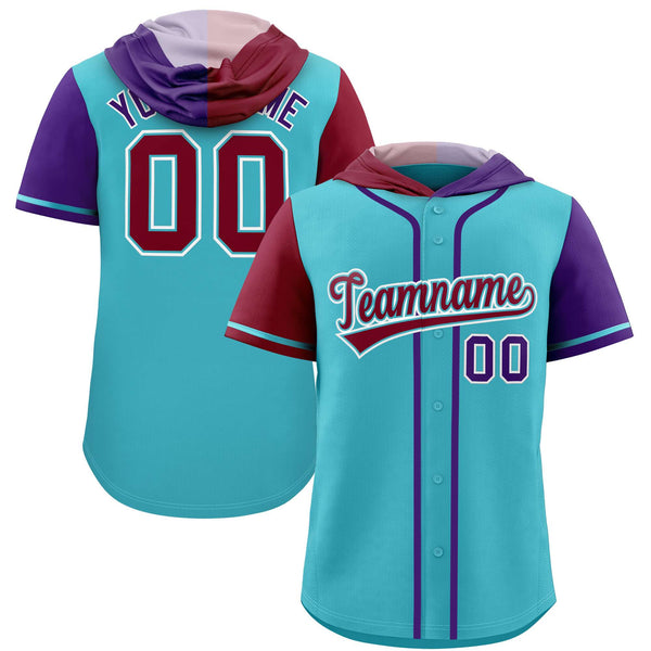 Custom Sky Blue Crimson and Purple Split Fashion Raglan Sleeves Baseball Hoodie Jersey | BuyFootballJersey