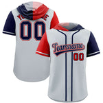 Custom Silver Red and Navy Split Fashion Raglan Sleeves Baseball Hoodie Jersey | BuyFootballJersey