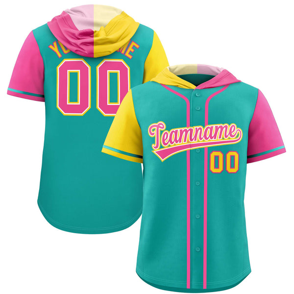 Custom Aqua Gold and Pink Split Fashion Raglan Sleeves Baseball Hoodie Jersey | BuyFootballJersey