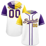 Custom White Gold and Purple Split Fashion Raglan Sleeves Baseball Hoodie Jersey | BuyFootballJersey