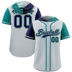 Custom Silver Navy and Aqua Split Fashion Raglan Sleeves Baseball Hoodie Jersey | BuyFootballJersey