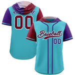 Custom Sky Blue Crimson and Purple Split Fashion Raglan Sleeves Baseball Hoodie Jersey | BuyFootballJersey
