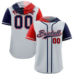 Custom Silver Red and Navy Split Fashion Raglan Sleeves Baseball Hoodie Jersey | BuyFootballJersey