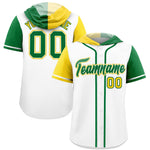 Custom White Gold and Kelly Green Split Fashion Raglan Sleeves Baseball Hoodie Jersey | BuyFootballJersey