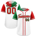 Custom White Kelly Green and Red Split Fashion Raglan Sleeves Baseball Hoodie Jersey | BuyFootballJersey