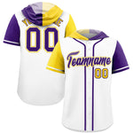 Custom White Gold and Purple Split Fashion Raglan Sleeves Baseball Hoodie Jersey | BuyFootballJersey