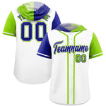 Custom White Royal and Neon Green Split Fashion Raglan Sleeves Baseball Hoodie Jersey | BuyFootballJersey
