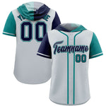 Custom Silver Navy and Aqua Split Fashion Raglan Sleeves Baseball Hoodie Jersey | BuyFootballJersey
