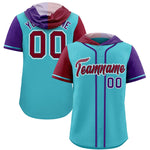 Custom Sky Blue Crimson and Purple Split Fashion Raglan Sleeves Baseball Hoodie Jersey | BuyFootballJersey