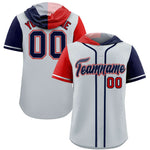 Custom Silver Red and Navy Split Fashion Raglan Sleeves Baseball Hoodie Jersey | BuyFootballJersey