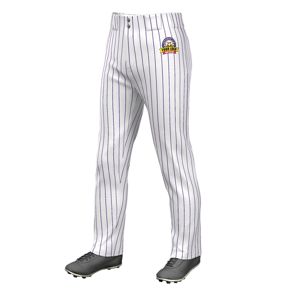 Custom White Purple Pinstripe Fit Stretch Practice Loose-fit Baseball Pants | BuyFootballJersey